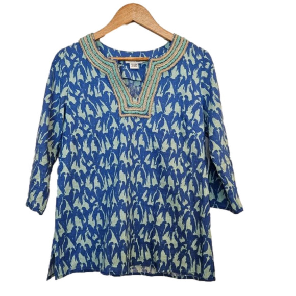 Vineyard Vines Lucaya Tunic Blue Parrot Print Linen 3/4 Sleeve Top/Blouse XS - Picture 2 of 9